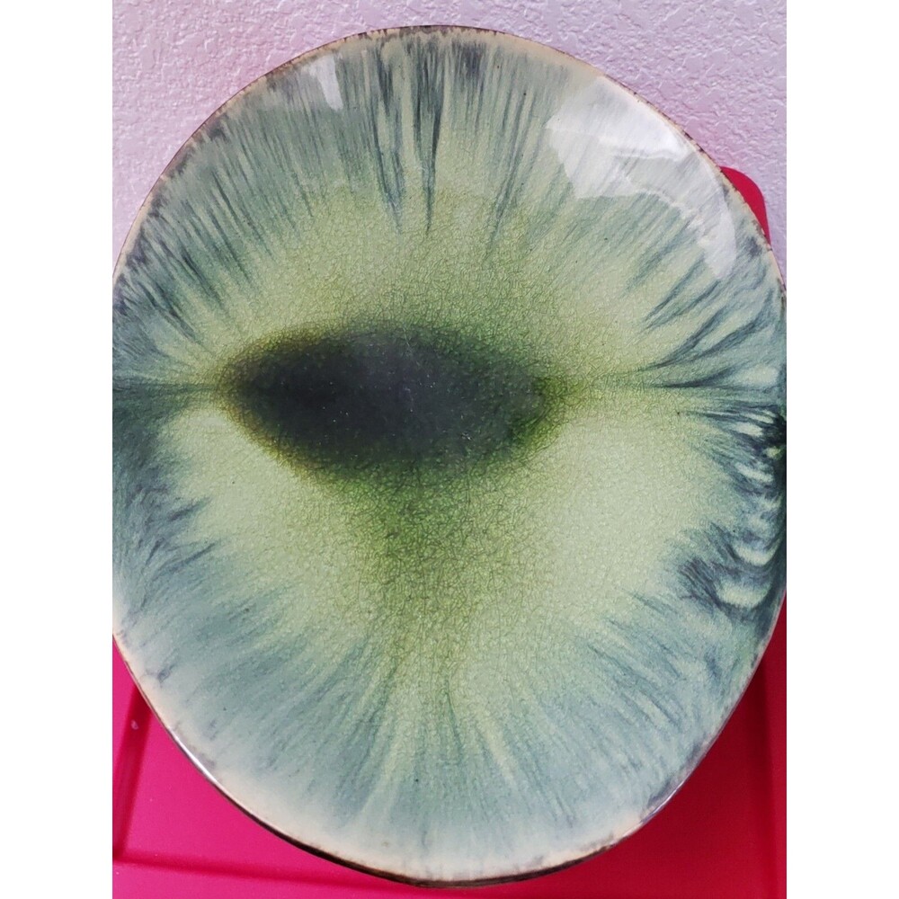 Pier 1 Sculpture Asymetrical Bowl Green Drip Glaze Centerpiece 14"x11" Vintage